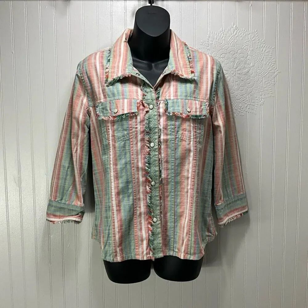 CHRISTOPHER & BANKS Striped Canvas Pearl Snap Shirt